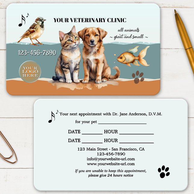 Horário Cartão de visita de Designação Veterinária Clínica (Professional business card for a veterinarian or pet clinic featuring watercolor animals)