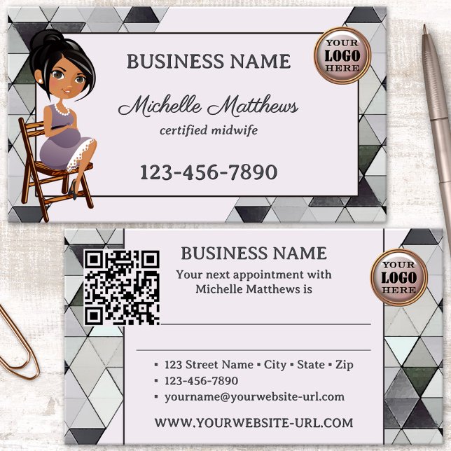 Horário Cartão de Visita de Parteira de Aquarela (Business card for a midwife or doula featuring a watercolor triangle pattern and a pregnant woman)