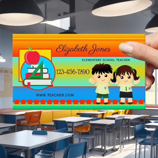 Horário Cartão de Visita de Professor da Escola Primária B (Business card in bold colors with kids - primary school or elementary teacher - colorful - whimsical)