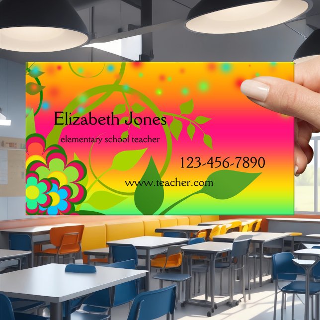 Horário Cartão de Visita de Professora de Escola Primária  (Business card featuring a colorful fun design with flowers and neon light sparkles - elementary)