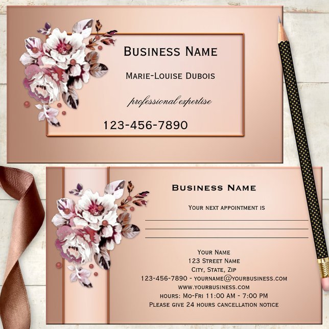 Horário Cartão de Visita Floral Rosa Dourado Chic (Appointment business card in chic rose gold or red copper metallic with elegant vintage flowers)