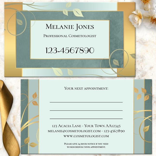 Horário Cartão de Visita Nomeação Folhas Verdes Casa da Mo (Professional business card featuring a geometric design with swirling leaves on mint green and gold)