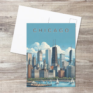 Horizonte de Chicago Moderno Azul Cartão Postal