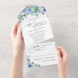 Hortênsia Azul Elegante Aquarela Folhagem Casament