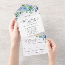 Hortênsia Azul Elegante Aquarela Folhagem Casament