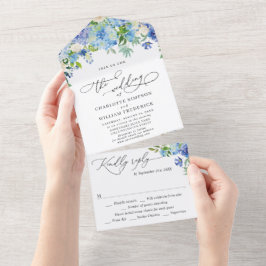 Hortênsia Azul Elegante Aquarela Verde Casamento