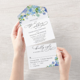 Hortênsia Azul Elegante Aquarela Verde Casamento