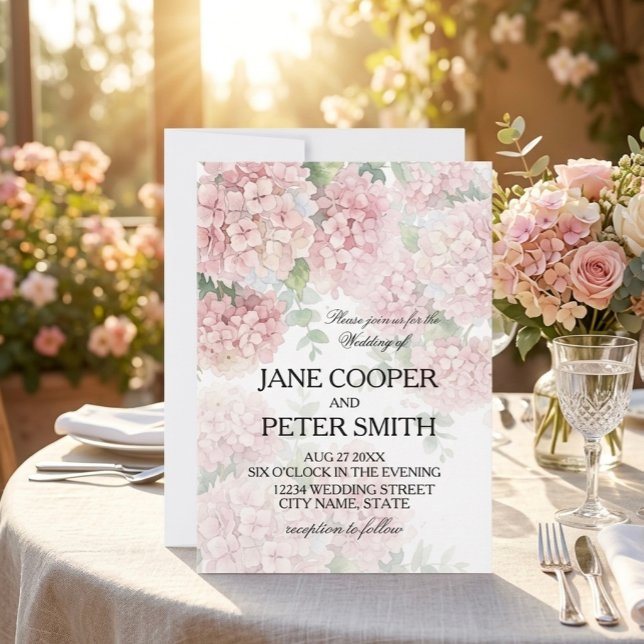 Hortênsias cores rosa pastel. Convite de Casamento (Criador carregado)