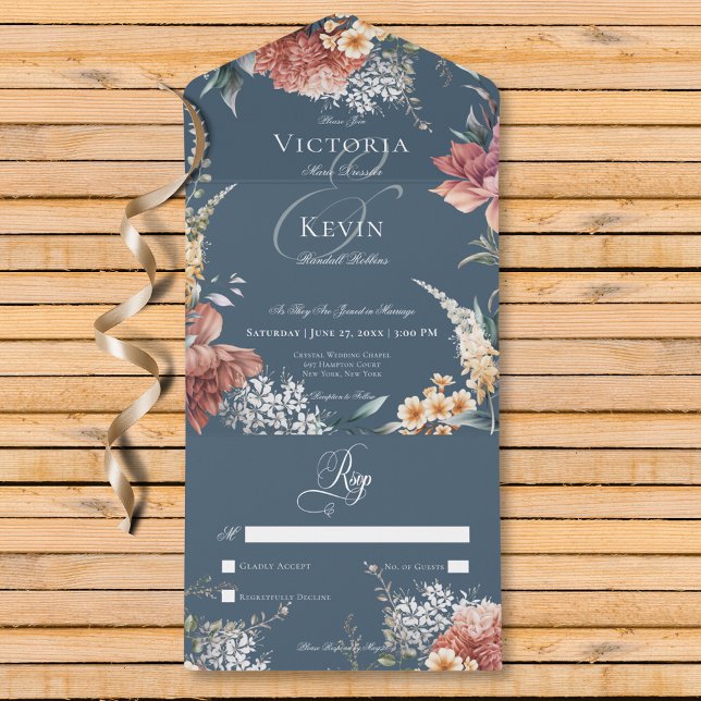 Horto Romântico Azul Moderno Floral Sem Janto (Modern Romantic Blue Garden Floral No Dinner All In One Invitation)