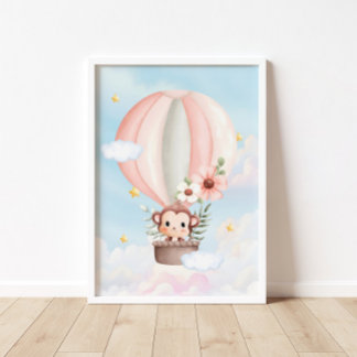 Hot Air Ballon Baby Monkey Poster