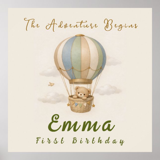  Hot Air Balloon First Birthday Poster (Frente)