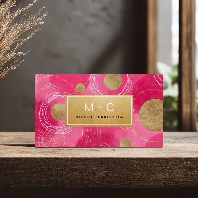 Hot Pink Gold Abstract Monogram Business Cards (Criador carregado)