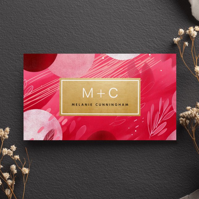 Hot Pink Gold Abstract Monogram Business Cards (Criador carregado)