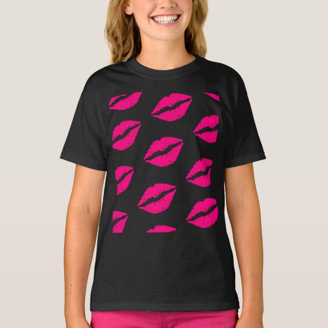 Hot Pink Lips Pattern Graphic T-Shirt (Frente)