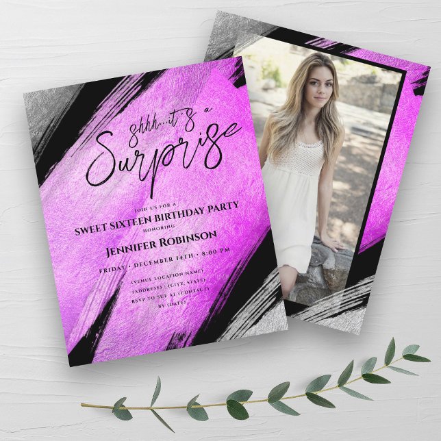 Hot Pink Silver Foil Surprise Sweet 16 Invites (Hot Pink Silver Foil Surprise Sweet 16 Invites)