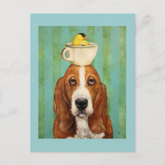 Hound basset com goldfinho no cartão postal do tea