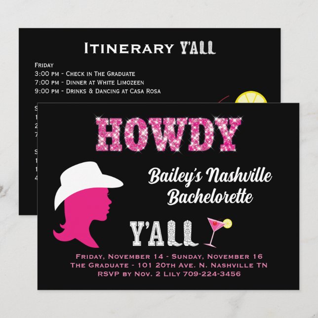 Howdy Nashville Weekend Bachelorette Convite (Frente/Verso)