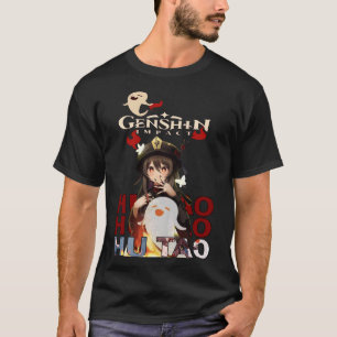 Hu Tao Genshin Arte 02 Camiseta Preta Básica