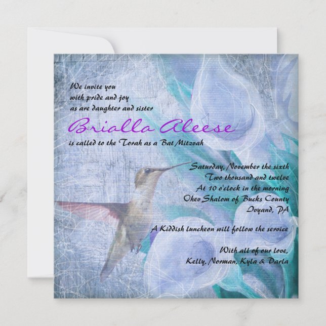 HUMMINGBIRD & CALLA LILY Bat Mitzvah Convite (Frente)