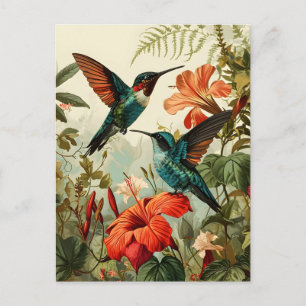 Hummingbird e Flores: Cartão postal Vintage