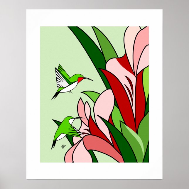 Hummingbird e Flores PInk Estilizam o Poster de Ar (Frente)