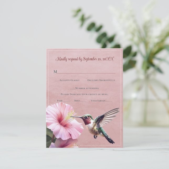 Hummingbird e Hibiscus | RSVP de Casamento Rosa (Em pé/Frente)