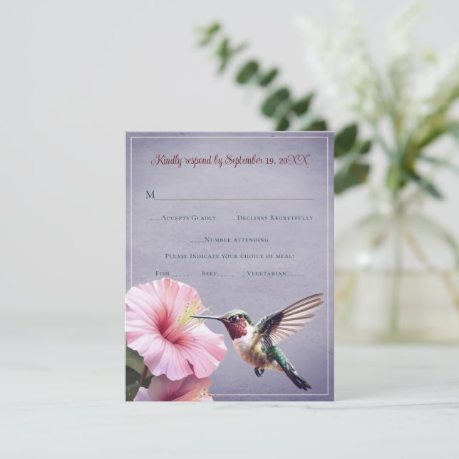 Hummingbird e Hibiscus | RSVP de Casamento Roxo (Em pé/Frente)