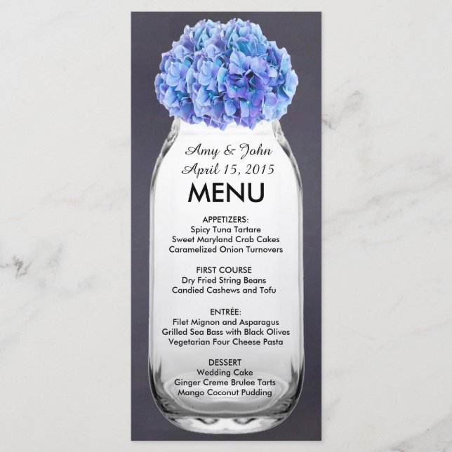 Hydrangea azul-azul mason jar menu de casamento hy (Frente)