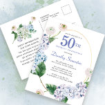 Hydrangea Rosa 50º Aniversário Convite de Verão<br><div class="desc">Flores de hydrangea azuis e flores de rosa escamas decoram uma estrutura oval dourada. Uma botânica moderna,  aberta e arejada.</div>