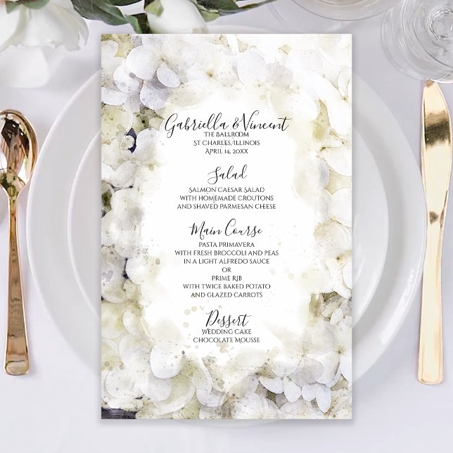 Hydrangea White Flowers Watercolor Menu Casamento (Criador carregado)