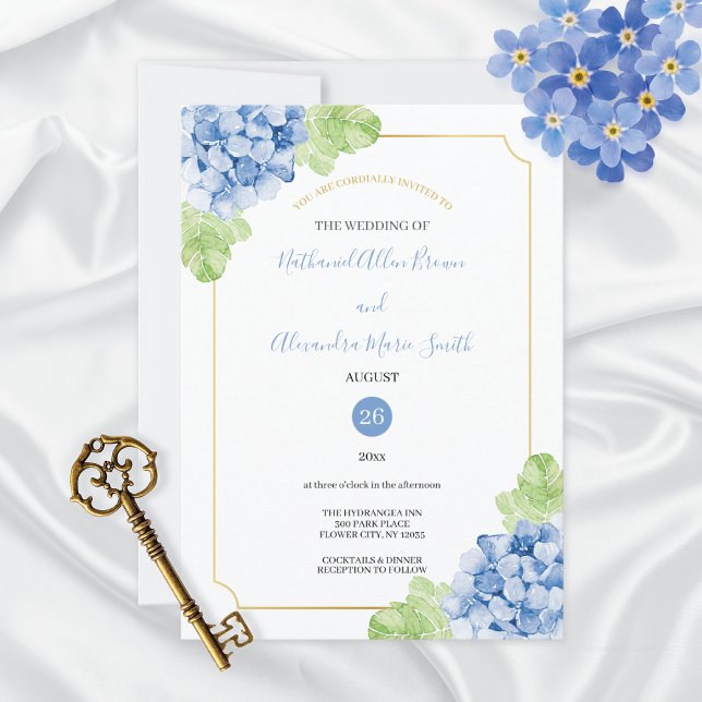 Hydrangeas Blue Dourado Convite para Casamento de  (Criador carregado)