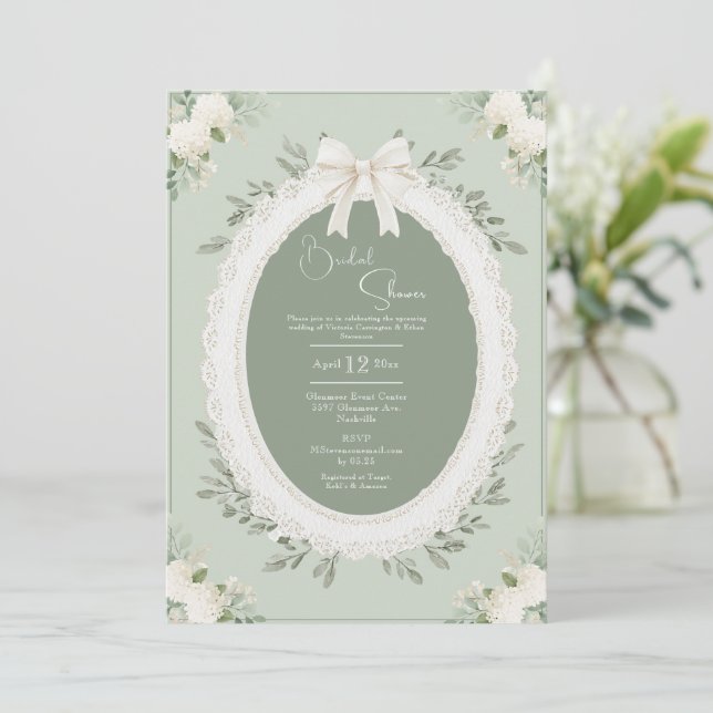Hydrangeas & Lace Sage Verde Convite de Chá de Noi (Em pé/Frente)