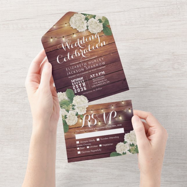 Hydrangeas String Luz Rustic Wood Weding RSVP (Aba destacável)