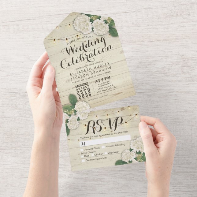 Hydrangeas String Luz Rustic Wood Weding RSVP (Tearaway)