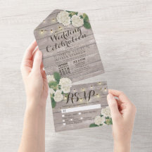 Hydrangeas String Luz Rustic Wood Weding RSVP