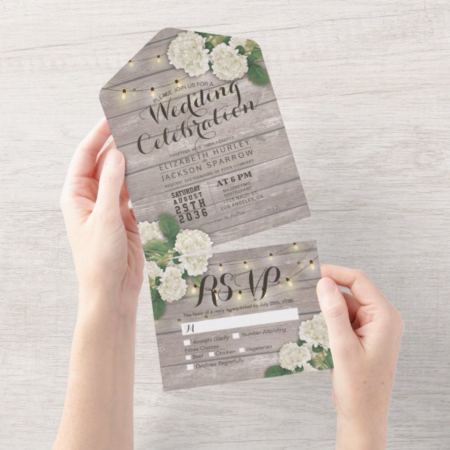 Hydrangeas String Luz Rustic Wood Weding RSVP (Aba destacável)