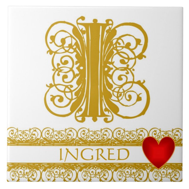 I Monograma Nome Dourado Lace Red Heart Azulejo (Frente)