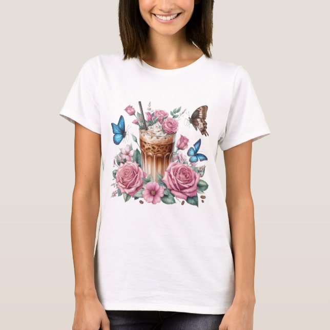 Iced Coffee & Floral Butterfly T-Shirt Summer Art (Frente)