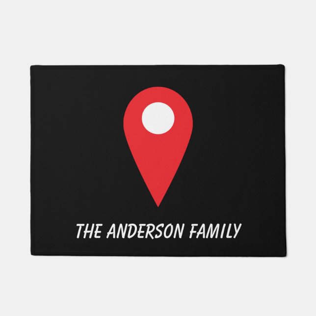 Ícone de localização vermelha no tapete preto com  (Frente)