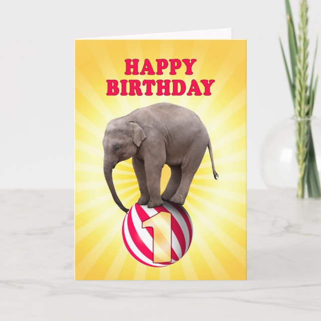 Idade 1, um cartão de aniversário feliz de elefant (Frente)