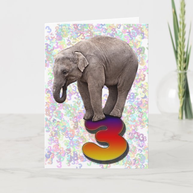 Idade 3, um cartão de aniversário feliz de elefant (Frente)