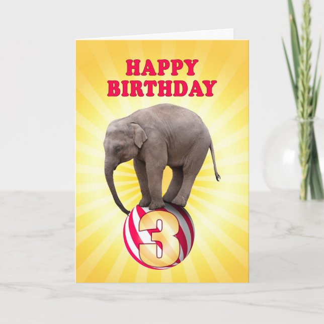 Idade 3, um cartão de aniversário feliz de elefant (Frente)