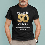 Idade para Perfecção 50º aniversário da T-Shirt<br><div class="desc">Trendy black and gold quinquty aniversário t-shirt com sessenta balões de hélio de ouro,  o ditado "aplaude 50 anos",  "envelhecida à perfeição" e a data.</div>