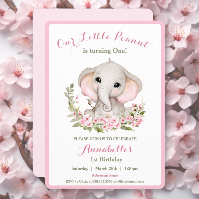 Idade Personalizada do Convite à primeiro aniversa (Elephant 1st Birthday Girl Invitation | Custom Age)