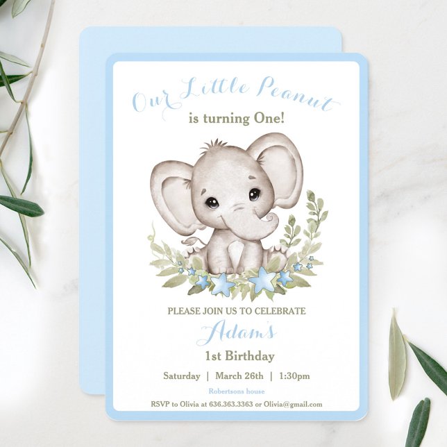 Idade Personalizada do Convite de primeiro anivers (Elephant 1st Birthday Boy Invitation Custom Age)