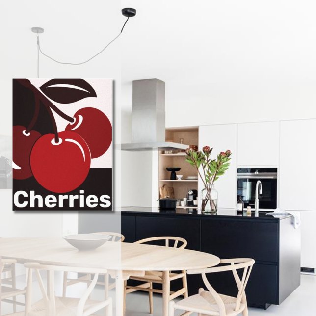 Ideia de decoração de parede da cozinha vermelha,  (Modern Black White Red Cherries Kitchen Poster)