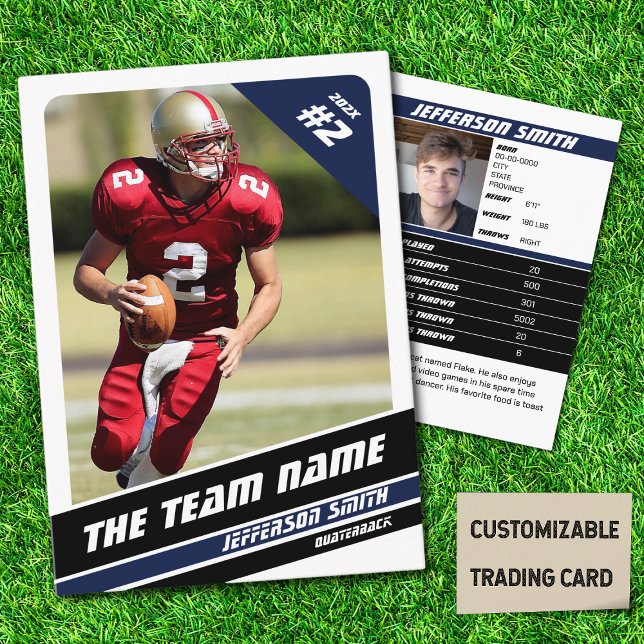 Ideia de Presentes Esportivos de Cartões de Troca  (American Football Player Trading Card in White with Custom Team and Player Name with Blue Stripes
)