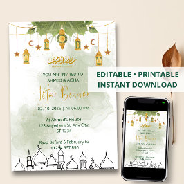 Iftar janto convite ramadan aquarela verde