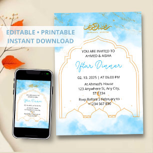 Iftar janto convite ramadan azul aquarela
