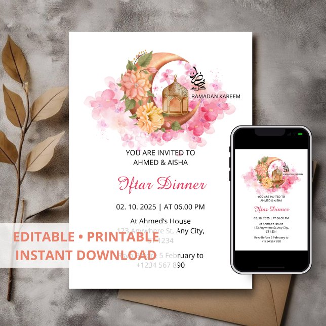 Iftar janto convite ramadan cor-de-água rosa (Criador carregado)
